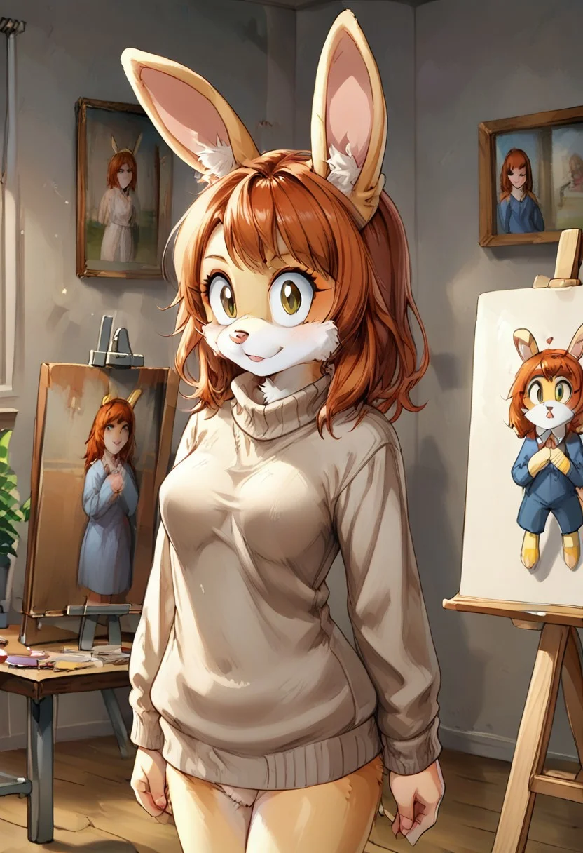 score_9, score_8, score_7, ITMStyle BREAK, 1girl, solo, 18yo, , rabbit girl, cre@m_the_rabbit, animal ears, auburn hair, furry, sweater, linen miniskirt,, small perky breasts, stands at the easel, painting a picture.