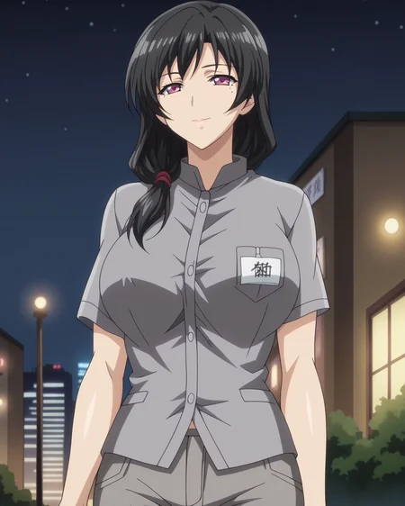 score_9, score_8_up, score_7_up, source_anime,anime screencap,uncensored,
(mature female),
kaori sakaki, 1girl,black hair,long hair,large breasts,purple eyes,mole under eye,hair over shoulder,solo, solo focus,
grey shirt, light smile, grey pants,
perfect anatomy,
scenery, night, skyline, city lights, outdoors,
<lora:anime-detailer-xl:2>, <lora:Kaori Sakaki Ran Sem_epoch_15:0.8>, <lora:Saimin_Style:0.5>,