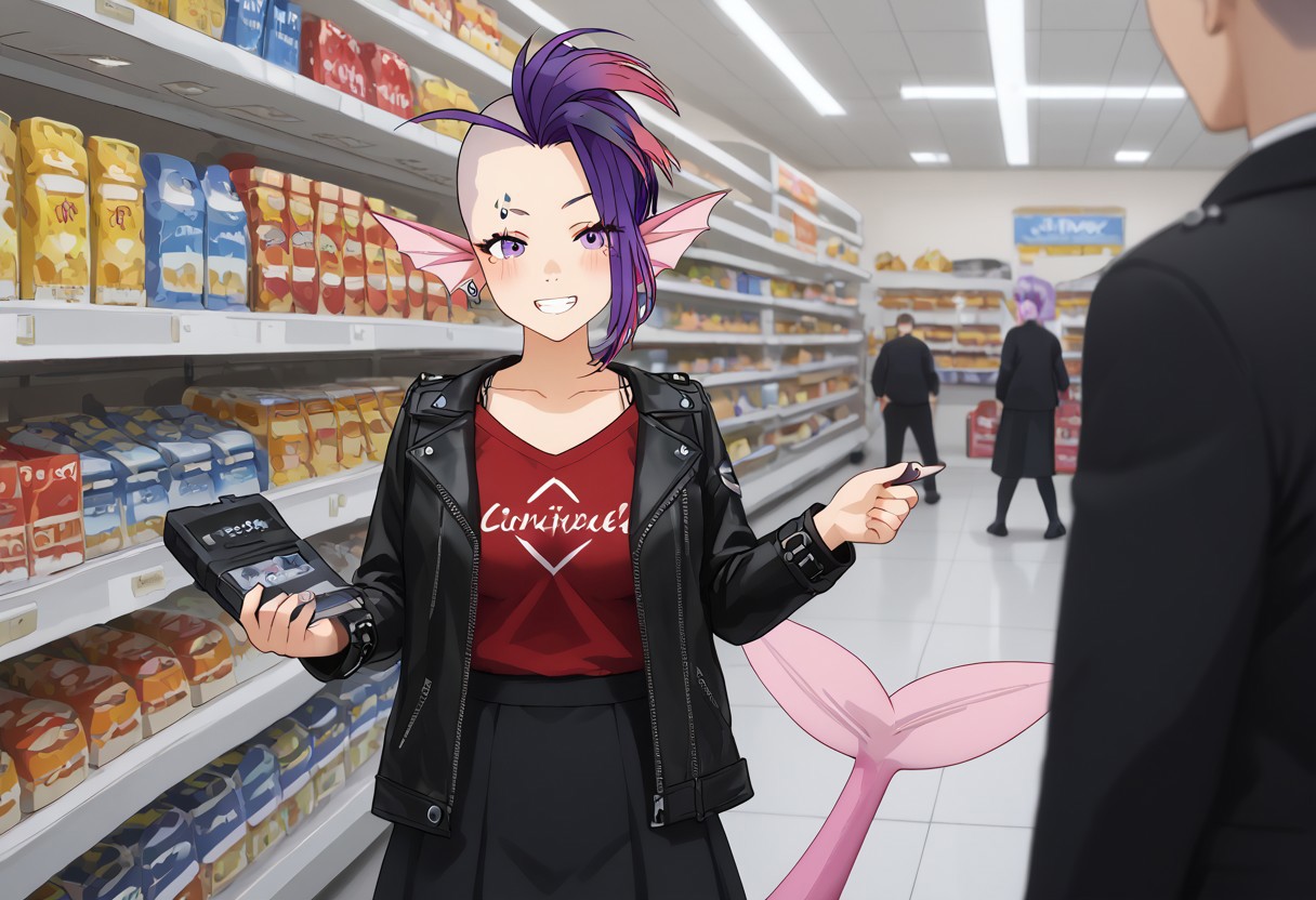 score_9, score_8_up, score_7_up, score_6_up, high resolution, gorgeous, absurdres, best quality, anime screencap, source_anime, 1girl, Dana Herrington, mermaid, mermaid tail, head fins, shaved head, purple hair, multicolored hair, facial piercings, face tattoo, pink tail, large breasts, black skirt, leather jacket, black jacket, red t-shirt, smile, blush, convenience store, holding, wallet, Expressiveh