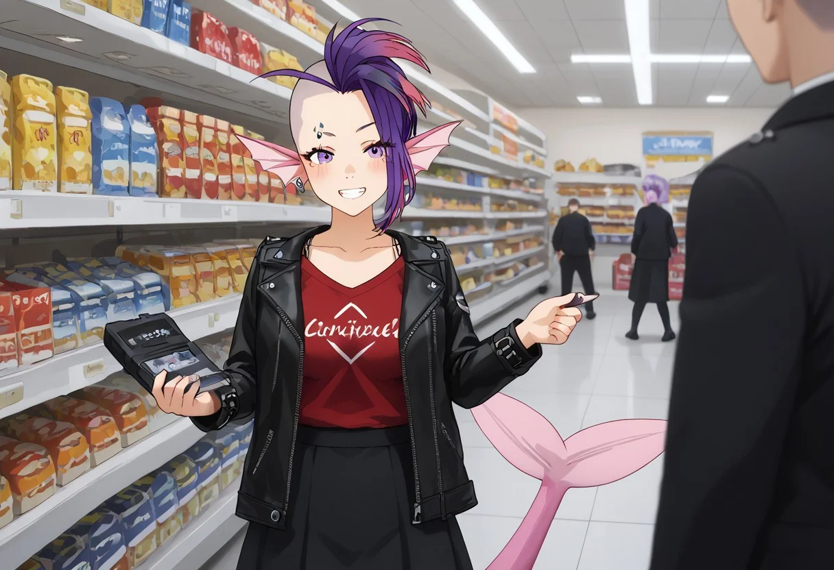 score_9, score_8_up, score_7_up, score_6_up, high resolution, gorgeous, absurdres, best quality, anime screencap, source_anime, 1girl, Dana Herrington, mermaid, mermaid tail, head fins, shaved head, purple hair, multicolored hair, facial piercings, face tattoo, pink tail, large breasts, black skirt, leather jacket, black jacket, red t-shirt, smile, blush, convenience store, holding, wallet, Expressiveh