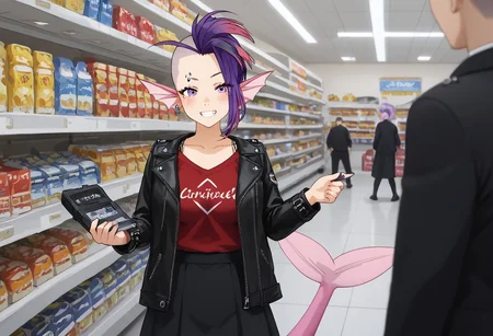 score_9, score_8_up, score_7_up, score_6_up, high resolution, gorgeous, absurdres, best quality, anime screencap, source_anime, 1girl, Dana Herrington, mermaid, mermaid tail, head fins, shaved head, purple hair, multicolored hair, facial piercings, face tattoo, pink tail, large breasts, black skirt, leather jacket, black jacket, red t-shirt, smile, blush, convenience store, holding, wallet, Expressiveh