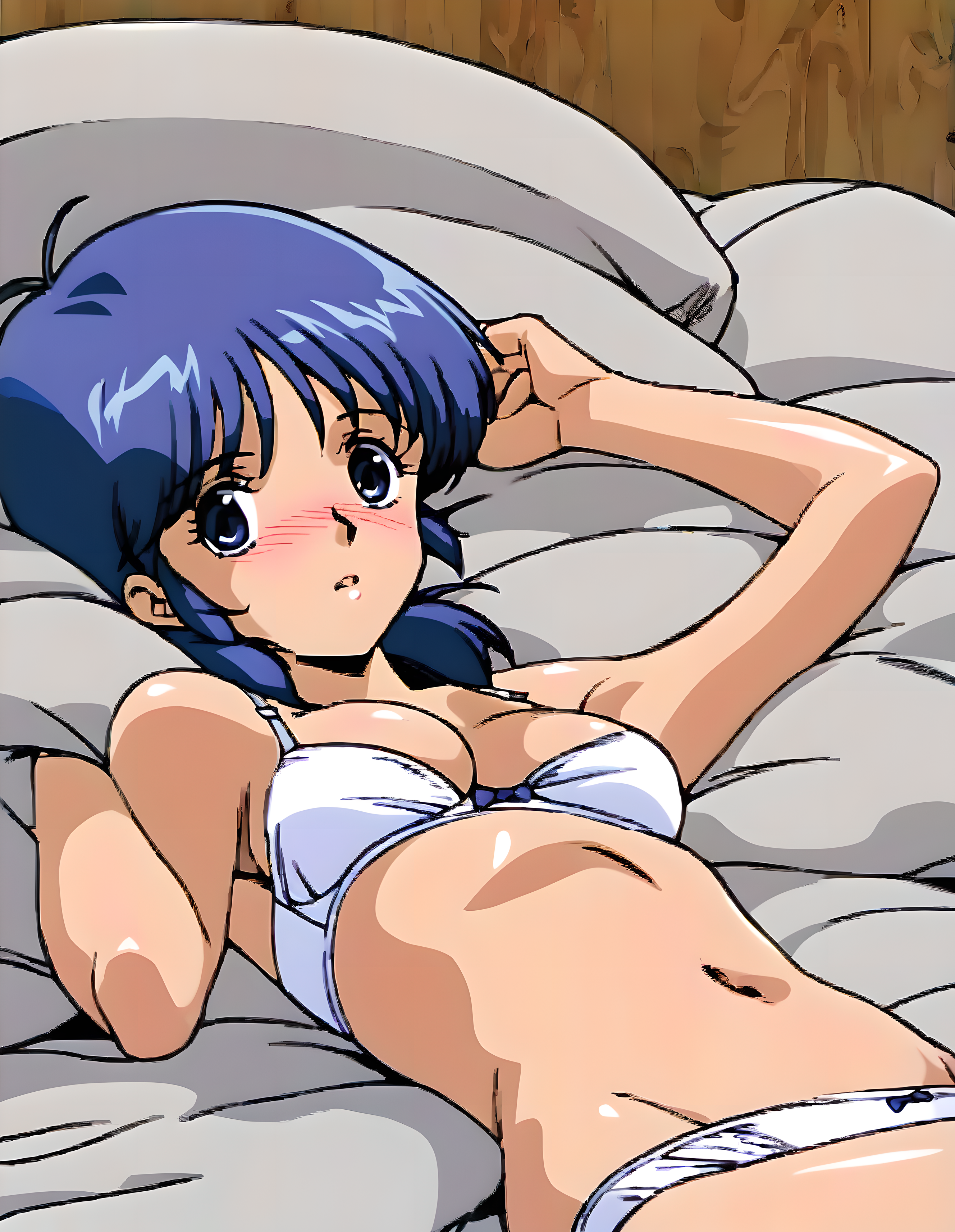 <lora:pony_xl_kasumi>,kasumi,score_9,source_anime,1girl,solo,best quality,masterpiece,super fine illustration,cowboy_shot,looking_at_viewer,cleavage,navel,underwear,white bra,white panties,indoor,pillow,bed_sheet,on back,embarrass,light_blush,