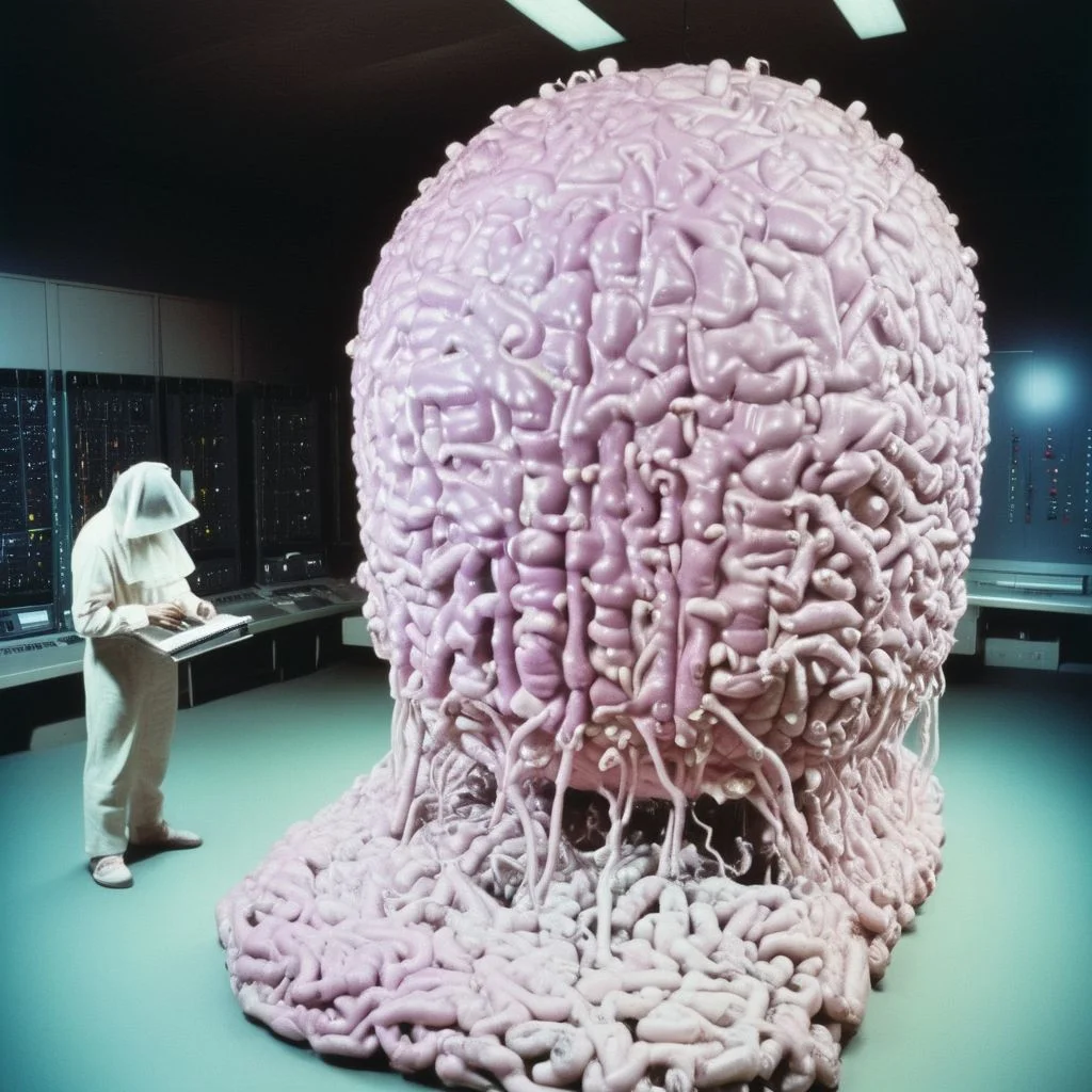 a cinematic still color photograph, from the dream of an android-human-replica, who working tirelessly ,creates a machine that makes copies of human dreams, bio-computer configured with biologically plausible biogenic circuits, brazilian tropicalia retrofuturism,
cursed image, thinking plague