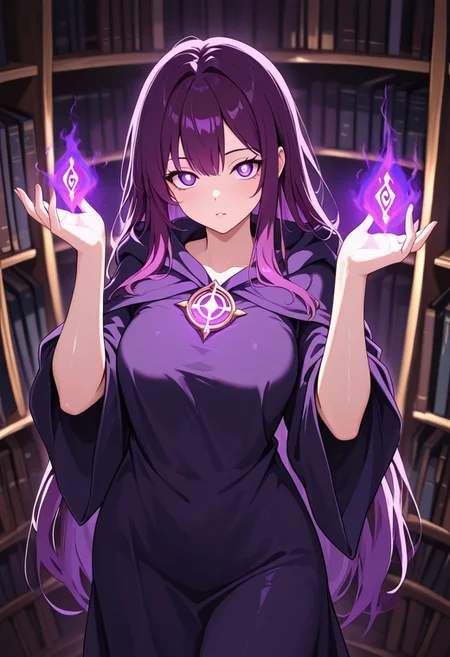 masterpiece, best quality, good quality, very aesthetic, absurdres, newest, 8K, depth of field,  in the style of cknc, artist:moriimee, in the style of cksc, 
1girl, long purple hair, flowing, violet eyes, medium breasts, perky, ornate robe, glowing runes, glossy skin, casting spell, hands raised, looking at viewer, from front
BREAK
wizard's tower, bookshelves, magical artifacts
BREAK
dynamic light, purple glow, high contrast, mystical haze, rich details, enchanting vibe
