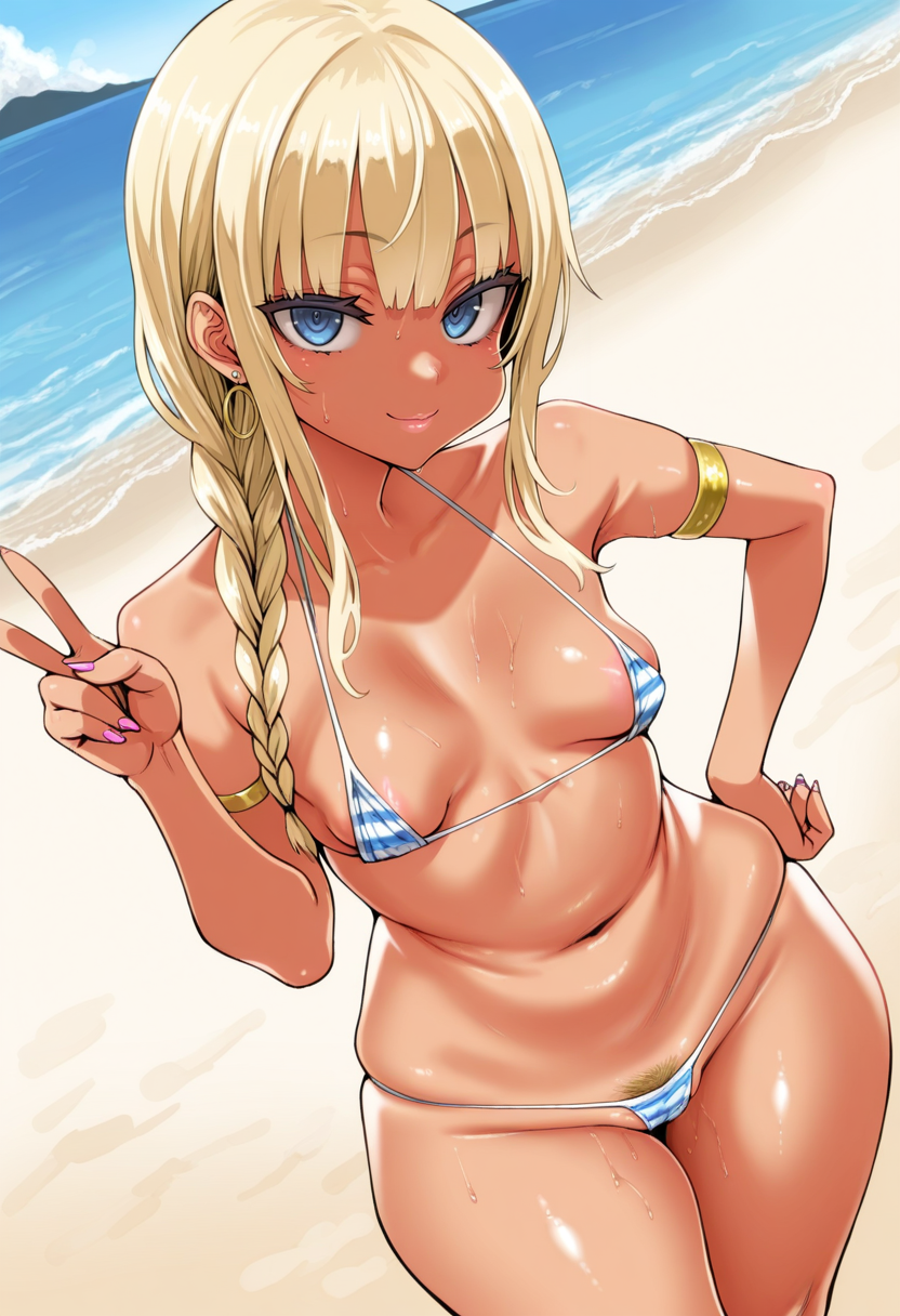 masterpiece, best quality,
 <lora:Asanagi:1> S4s4k1Nsfw, 1girl, solo, portrait, standing, hand on own hip, v, shiny skin, sweat, looking at viewer, light smile, small breasts, thick thighs, curvy, gyaru, blonde hair, long braid, sidelocks, bikini, micro bikini, striped bikini, areola slip, pubic hair peek, armlet, earrings, hoker, jewelry, outdoors, beach,
