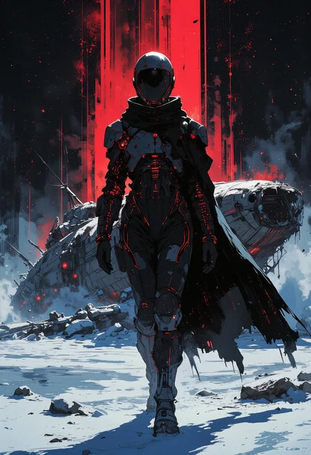 A lone, imposing figure strides toward the viewer through a frozen alien wasteland, their silhouette cutting sharply against the eerie landscape. The sleek, high-tech spacesuit is form-fitting yet heavily armored, an intricate fusion of futuristic plating and flexible fabric, adorned with glowing red circuitry tracing along the limbs. Their helmet is smooth, visorless, reflecting the distant crimson stars like molten glass. Behind them, a massive wrecked starship lies partially buried in the ice, its shattered hull revealing a labyrinth of twisted metal and flickering emergency lights. The snow swirls violently around their boots, disturbed by their slow, deliberate march. The sky above is a vast, oppressive void, almost black, punctuated only by an unnatural constellation of burning red stars, casting an eerie, blood-like glow over the frozen terrain.