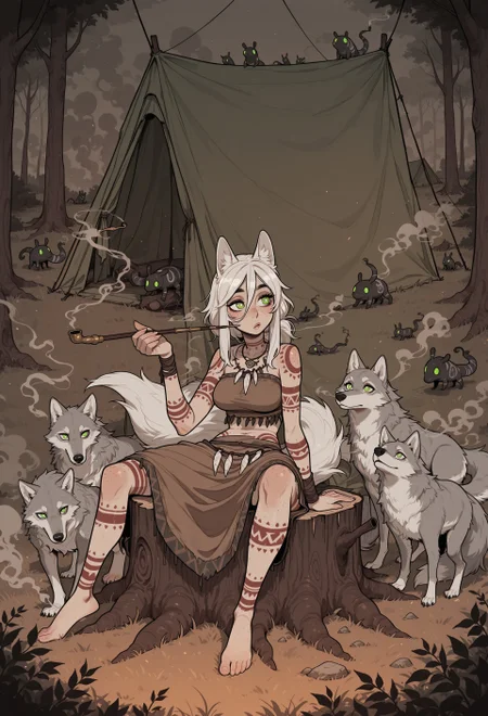 score_9, score_8_up, score_7_up, masterpiece, best quality, very aesthetic, 1woman, incoth, (incase:0.6), detailed face, (dynamic:1), white hair, freckles, green eyes, white pupils, tribal outfit, body paint, wolf ears, wolf tail, smoking pipe, traditional pipe, carved, (surrounded by smoke, smoke creatures, smoke animals, animated smoke:1.15), sitting on treestump, camp, tents, nature, mature,