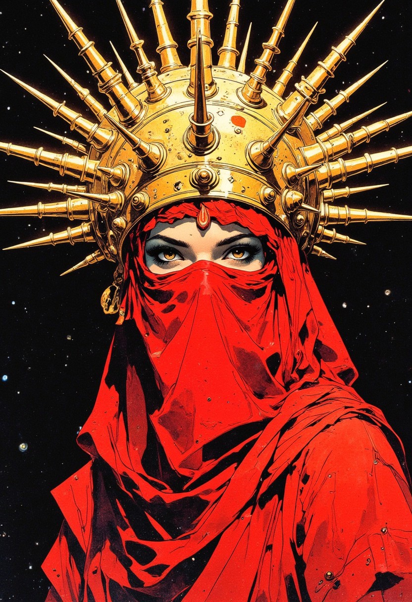 lady in red veils her face and has a large golden spiked crown, in the style of celestial fashion, otherworldly beauty, davide sorrenti, celestial punk, album covers, fra angelico, aykut aydogdu, queen core, golden age aesthetics