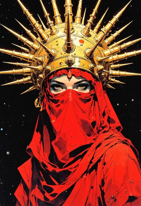 lady in red veils her face and has a large golden spiked crown, in the style of celestial fashion, otherworldly beauty, davide sorrenti, celestial punk, album covers, fra angelico, aykut aydogdu, queen core, golden age aesthetics