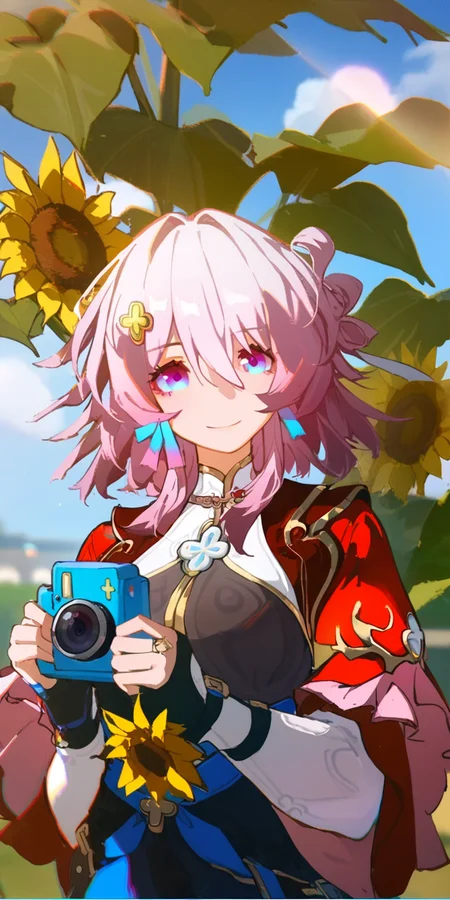 1girl,
march 7th \(honkai: star rail\),
solo, red sleeves, holding, flower, sky, day, depth of field, lens flare, bokeh, chromatic aberration, cloud, outdoors, blue sky, camera, cloudy sky, holding camera, pink hair, upper body, closed mouth, medium hair, sunflower, smile, long sleeves, official alternate costume,
safe
<lora:mki-ani31-march_7th_The_Hunt-v2-000025:1> <lora:mki-ani31-ahriii-v1-000125:1>