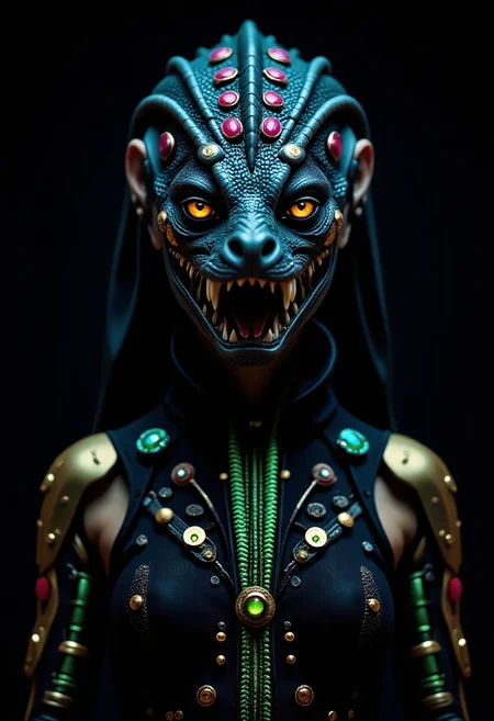 A female Nordic reptilian alien stands tall in a captivating futuristic dark fantasy realm. Her vibrant jewels and intricate accessories, including high-tech quantum neural lace and a glowing gold plasma mechanical_arms, and cybernetic implants, create a mesmerizing display. The reptilian eyes and scales on neck and jaw, draw attention and captivate and enthrall the viewer with her unique look. She embodies the essence of power and mystery. <lora:art and styles/dark_fantasy_flux:1.0>, <lora:Daisy-Acid:0.3>, lsd-art, acid-art, trippy,