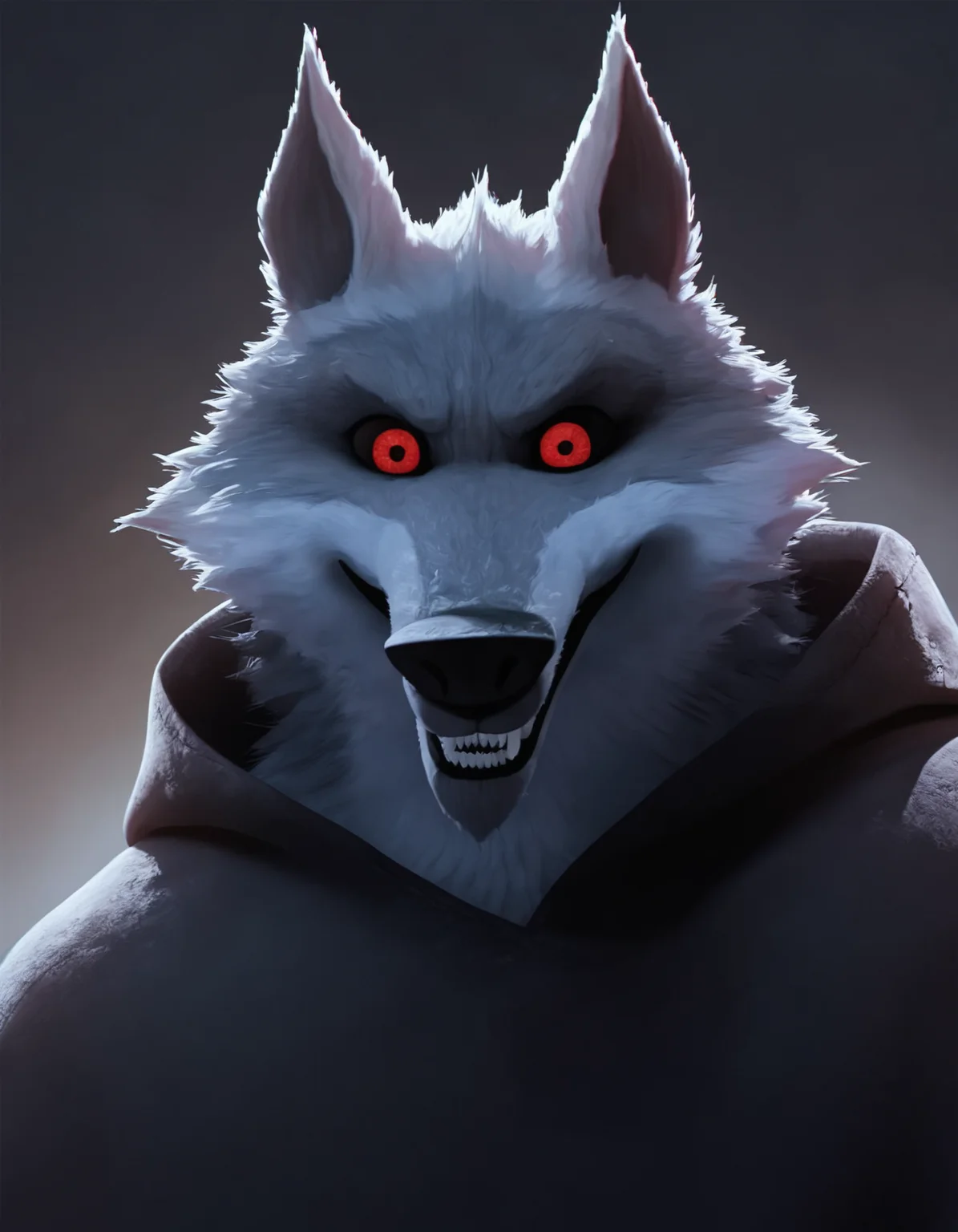 score_9, score_8_up, score_7_up, score_6_up, score_5_up, BREAK source_furry, (dw, anthro gray wolf:1.1), teeth, red eyes, upper body, looking at viewer <lora:Death_wolf:0.8>