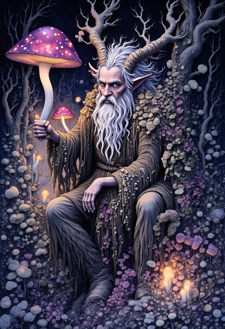 Studio Ghibli Dark Fairytale satyr depicting a fantastical scene with an old, bearded man with goat-like features, reminiscent of a satyr or faun. He is sitting on a rock in a forest setting, surrounded by lush greenery and purple plants and twisting vines and glowing magenta mushrooms