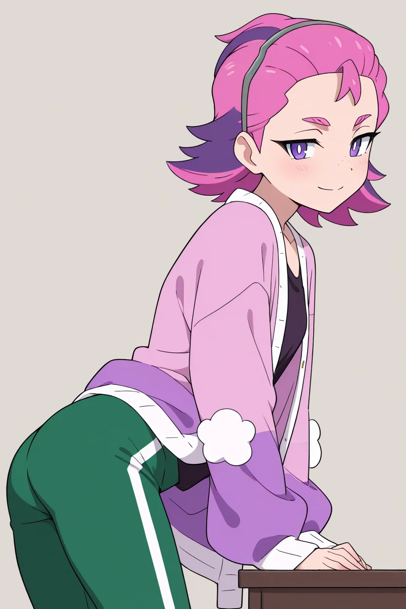 masterpiece, best quality, 1girl, solo,bbDotPKMN, 1girl, purple eyes, bright pupils, hairband, pink hair, short hair, black shirt, long sleeves, jacket, open clothes, green pants, <lora:DotPokemonIXL_v1:1.0>, side view, ass, leaning forward, cowboy shot, smile, looking at viewer, shiny skin,