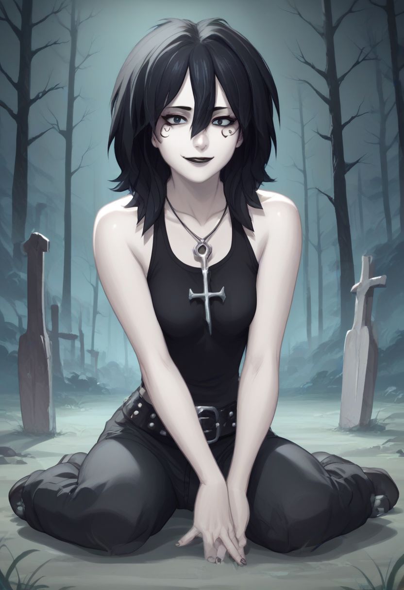 D_endless, anime screencap, 1girl, black hair, medium hair, hair between eyes, pale skin, white body, medium breasts, facial mark, necklace, ankh necklace, black top, bare shoulders, studded belt, black lips, goth, looking at viewer, forest, sitting, smile, overcast, graveyard, source_cartoon, score_9, score_8_up, score_7_up, score_6_up, score_5_up, score_4_up, ponypositive,