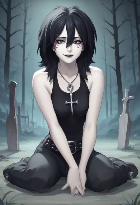 D_endless, anime screencap, 1girl, black hair, medium hair, hair between eyes, pale skin, white body, medium breasts, facial mark, necklace, ankh necklace, black top, bare shoulders, studded belt, black lips, goth, looking at viewer, forest, sitting, smile, overcast, graveyard, source_cartoon, score_9, score_8_up, score_7_up, score_6_up, score_5_up, score_4_up, ponypositive,
