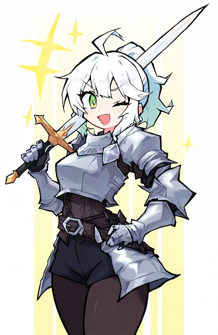 1girl, solo, looking_at_viewer, smile, open_mouth, holding, green_eyes, white_hair, ahoge, ponytail, weapon, one_eye_closed, belt, sword, holding_weapon, armor, holding_sword, gauntlets, breastplate, brown_belt