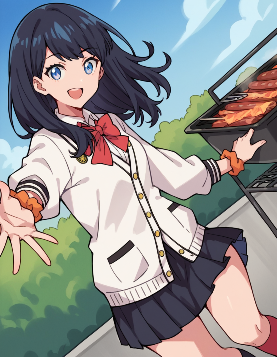 score_9, score_8_up, score_7_up, source_anime, <lora:rikka-takarada-s1-ponyxl-lora-nochekaiser:1>, rikka takarada, black hair, blue eyes, long hair, orange scrunchie, scrunchie, wrist scrunchie, black footwear, black skirt, bow, bowtie, buttons, cardigan, collared shirt, long sleeves, microskirt, pleated skirt, red bow, red bowtie, red socks, school uniform, shirt, shoes, skirt, socks, thighs, white cardigan, white shirt,, backyard, barbecue, grilling, laughter, summer evening, smile, looking at viewer, hand reaching forward, knee up, arm down, solo,, cowboy shot, dutch angle