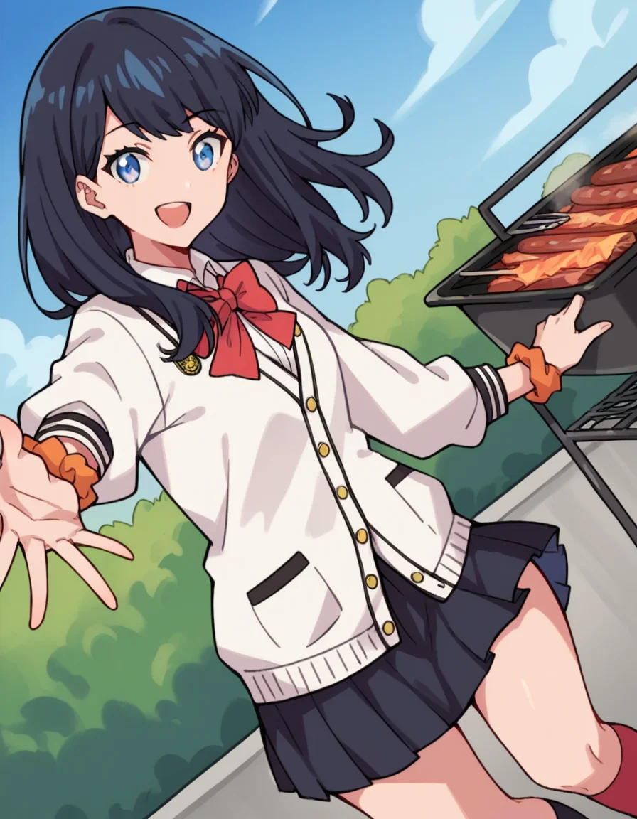 score_9, score_8_up, score_7_up, source_anime, <lora:rikka-takarada-s1-ponyxl-lora-nochekaiser:1>, rikka takarada, black hair, blue eyes, long hair, orange scrunchie, scrunchie, wrist scrunchie, black footwear, black skirt, bow, bowtie, buttons, cardigan, collared shirt, long sleeves, microskirt, pleated skirt, red bow, red bowtie, red socks, school uniform, shirt, shoes, skirt, socks, thighs, white cardigan, white shirt,, backyard, barbecue, grilling, laughter, summer evening, smile, looking at viewer, hand reaching forward, knee up, arm down, solo,, cowboy shot, dutch angle