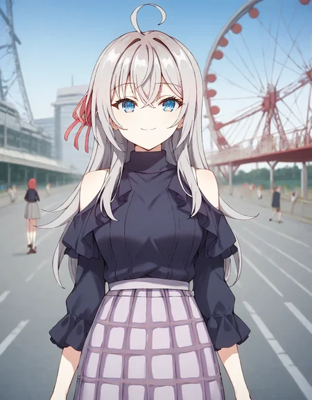 score_9, score_8_up, score_7_up, source_anime,
1girl, blurry background, looking at viewer, outdoors, bluesky, smile, funfair, amusement park, roller coaster, ferris wheel, crowd,
<lora:alisa_mikhailovna_kujou_anime_v5-soralz:1>, alisa mikhailovna kujou, long hair, silver hair, ahoge, crossed bangs, red hair ribbon, sidelocks, blue eyes,
visiting outfit, black mock neck sweater, ruffled sleeves, shoulder cutout, grey skirt, plaid skirt