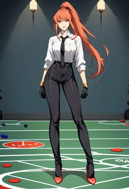 score_9, score_8_up, score_7_up, 1girl, night, indoor, in a casinò, full body, dynamic shot, from high, long legs standing behing a poker table, green table, solo, dynamic pose, Feng Ling, orange hair, red eyes, medium breast, long hair, ponytail, black pants, white shirt, long sleves shirt, black gilet, black neck tie, red heels, gold slim bracelets, black gloves, looking at the viewer, long legs, nice legs, white hips ultra detailed, masterpiece, <lora:add-detail-xl:1>, <lora:StS_PonyXL_Detail_Slider_v1.4_iteration_3:4>