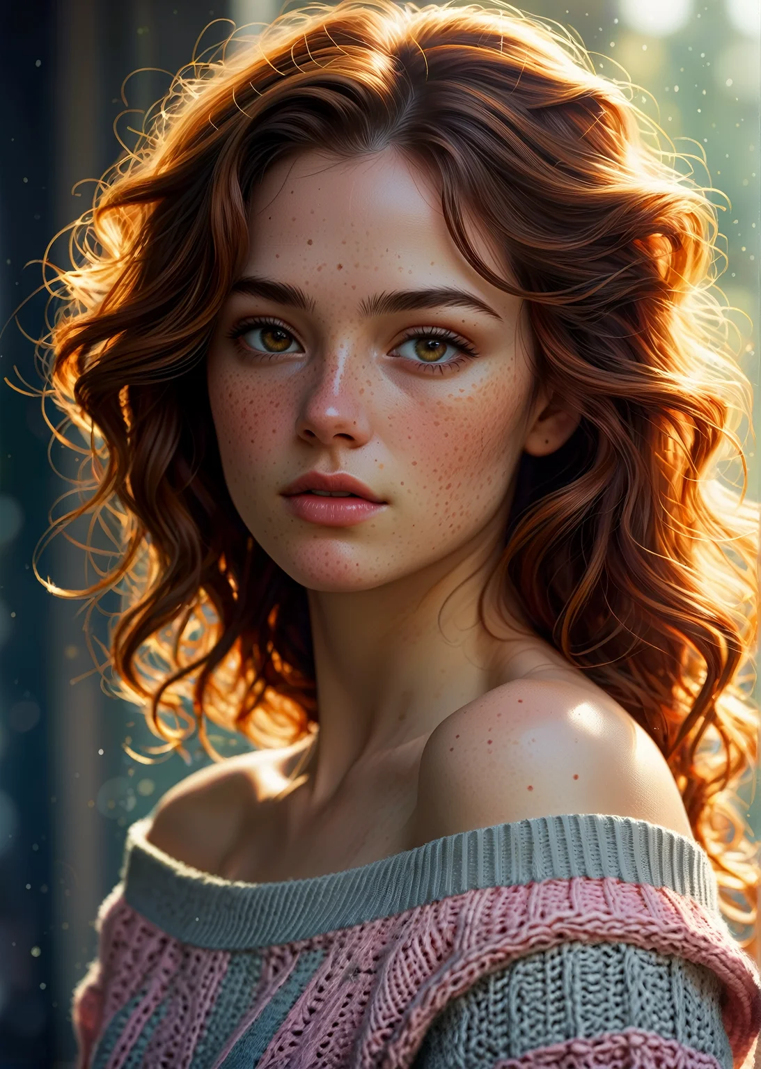 A captivating portrait of a young woman with freckles, wearing a flowing off-the-shoulder sweater in soft pastel hues. The background fades into a gentle backlight. Her expression hints at a mysterious allure, reminiscent of a goddess. In the style of Minjae Lee, Carne Griffiths, Emily Kell, Steve McCurry, Geoffroy Thoorens, Aaron Horkey, Jordan Grimmer, Greg Rutkowski.  Surreal geometric patterns subtly appear in the background. Dreamy bokeh effect. Artistic photorealism, smooth, intricate details, perfectly balanced composition.
<lora:add-detail-xl:1>
<lora:DetailedEyes_V3:1>