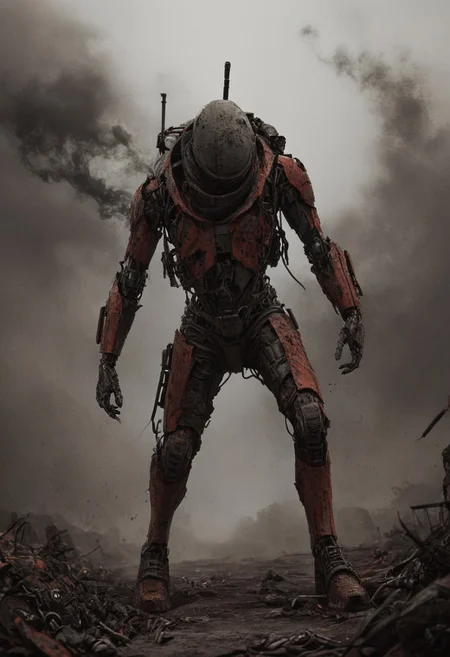 a combat cyborg, battle damaged, looking at the sunset over a faraway distopian city, smoke rising high on the horizon, colorful, muted rusted eroded paint,