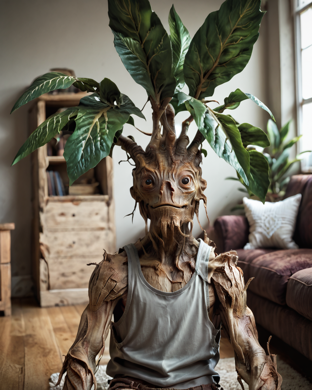 score_9, score_8_up, score_7_up, intricate details, rating_questionable,
<lora:homri52:1>,
<lora:Mandrake:1>, Mandrake, plant monster, leaves, bark, black eyes, yellow-brown bark
, looking at the viewer, solo, happy, 
portrait, face focus, tank top), cozy living room,
4k, 
detailed background, depth of field, 
<lora:ral-chrosc-clr:0.5>, ral-chrosc-clr,
<lora:Expressive_H:0.5>, Expressiveh,
<lora:xl_more_art-full_v1:0.3>,
<lora:add-detail-xl:0.3>,