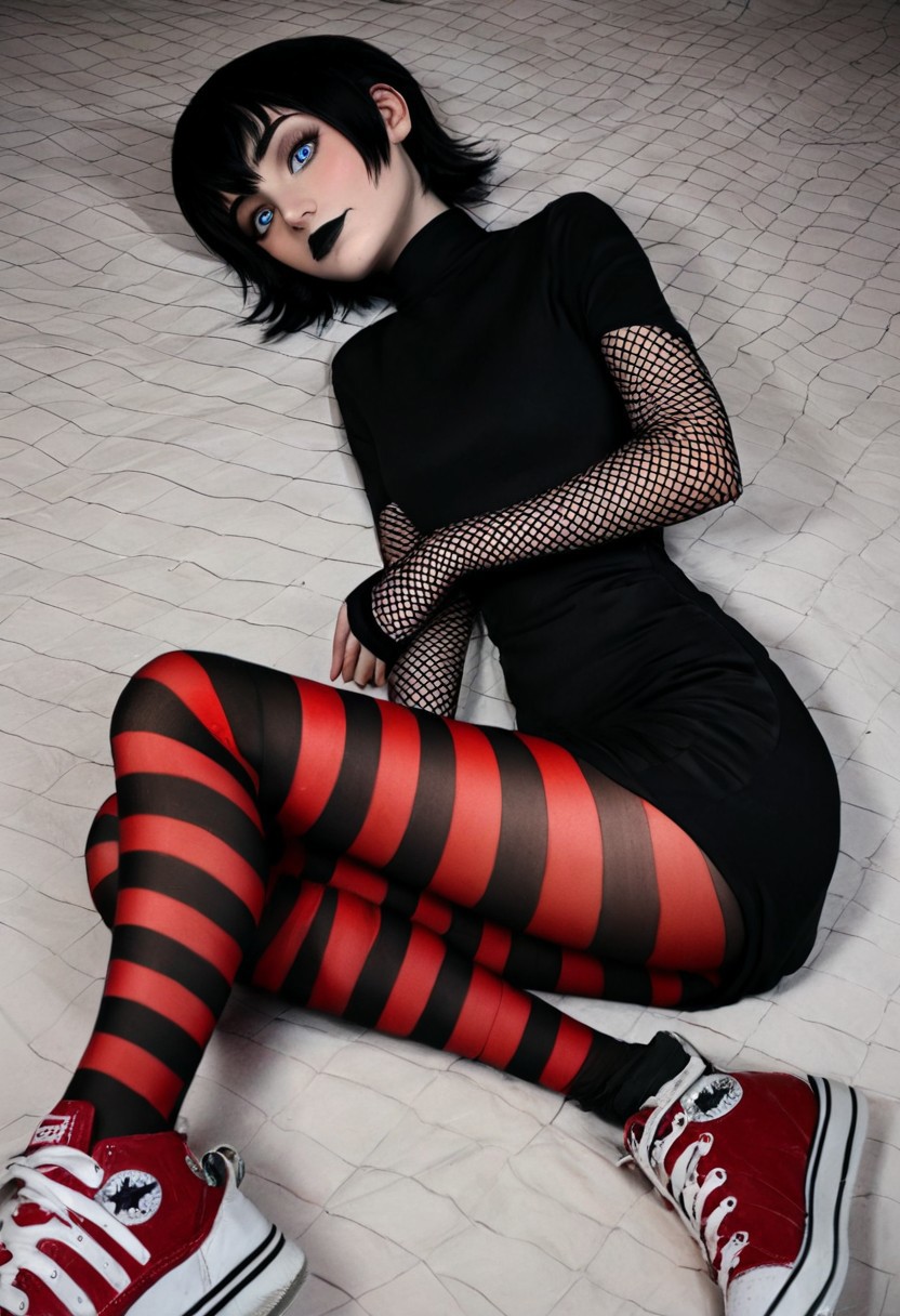 Mavis, blue eyes, short hair, stripped pantyhose, black hair, black dress, fishnet sleeves, solo, closed mouth, sneakers, black lips, high detail, laying, sexy pose, pretty face, young face,