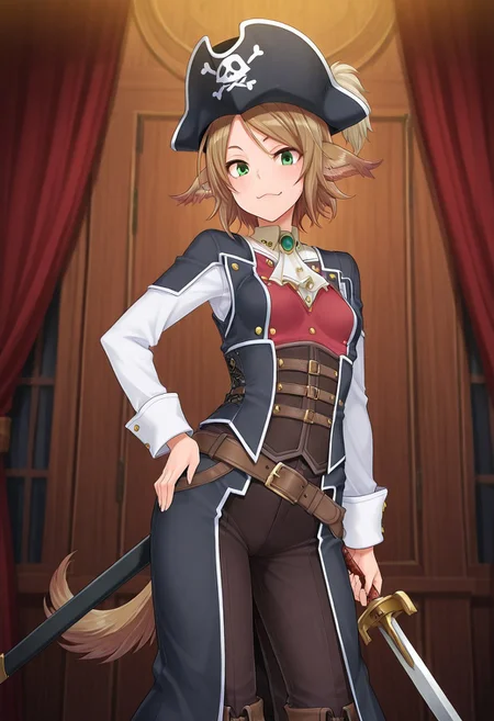 (1girl, solo) noa riads, animal ears, Green Eyes, tail, brown hair, short hair, Pretty eyes, , 1girl, solo,, brown hair,, fluffy tail, ahoge, animal ears, dog ears, small breasts, swept bangs , green eyes, animal ears, tail, , ,
Eye focus , shiny skin, shiny body, shiny hair, (best quality) , (highly detailed) ,((masterpiece)), ((best quality)), (ultra-detailed), ((extremely detailed)), (high resolution), 4K, (8K), best quality, (beautiful), (dynamic lighting), (super detailed skin), sharp focus,detailed eyes、detailed face and detailed skin detailed eyes、detailed face and detailed skin, , clear skin, shiny hair, ultra detailed eyes, depth of field, sharp, intricate details, hyperdetailed, ,
, best quality, (beautiful), (dynamic lighting) (standing, 3/4 view), perfect face, beautiful face, defined cheekbones, defined jawline, confident expression, narrow eyes, one hand on hip, perfect hands, black coat with decorative golden symbols, black leather underbust corset, black trousers, black boots, sword, sword on hip,(Pirate Disguise), black tricorne hat, white sleeves, white tunic, red vest, red waistcoat, brown trousers, brown boots,black trousers, black boots,
,, shindol style