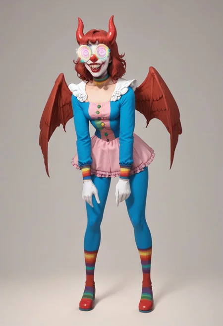 score_9, score_8_up, score_7_up, score_6_up, 
leaning_forward, hypn0t_3y3s,
1girl, clown girl, 
roundglassesb, big round glasses, 
slim, slender, long legs, 
clown suit, frilly skirt,
wings, fangs, horns, sharp teeth,