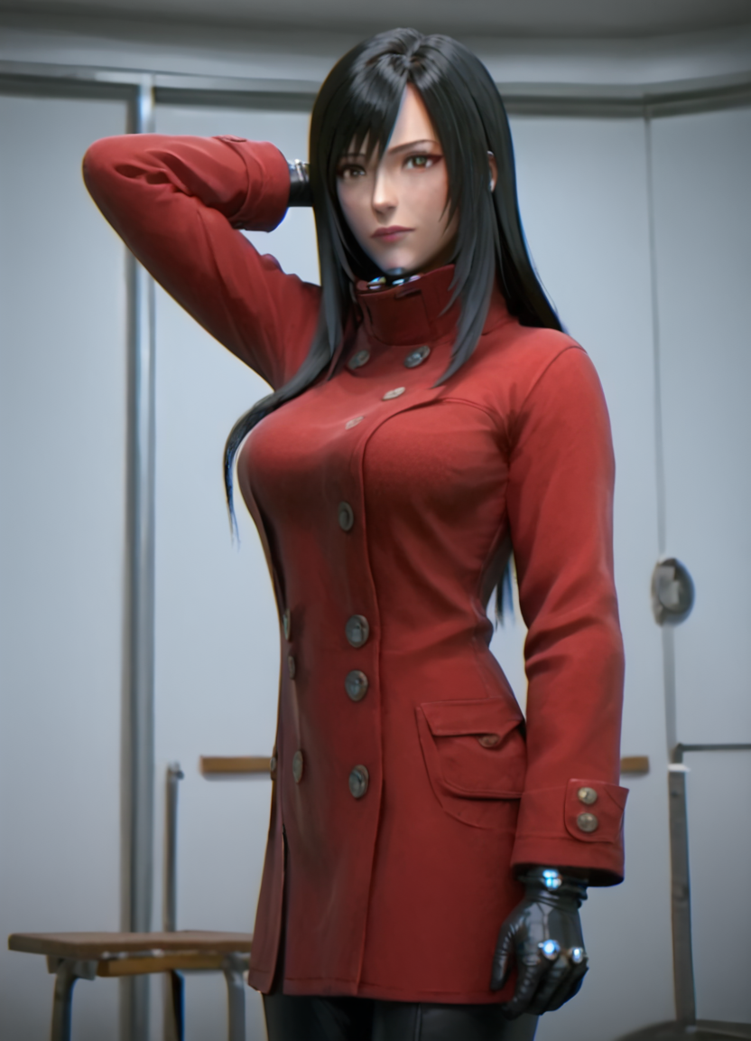 <lora:ReikaPony1.0:1> reika shimohira, 1girl,  long hair, solo, black hair,gloves, science fiction, breasts, score_9, score_8_up, score_7_up, score_6_up, score_5_up, score_4_up,cowboy shot, indoors, looking at viewer,  simple background, red coat,arm behind head,