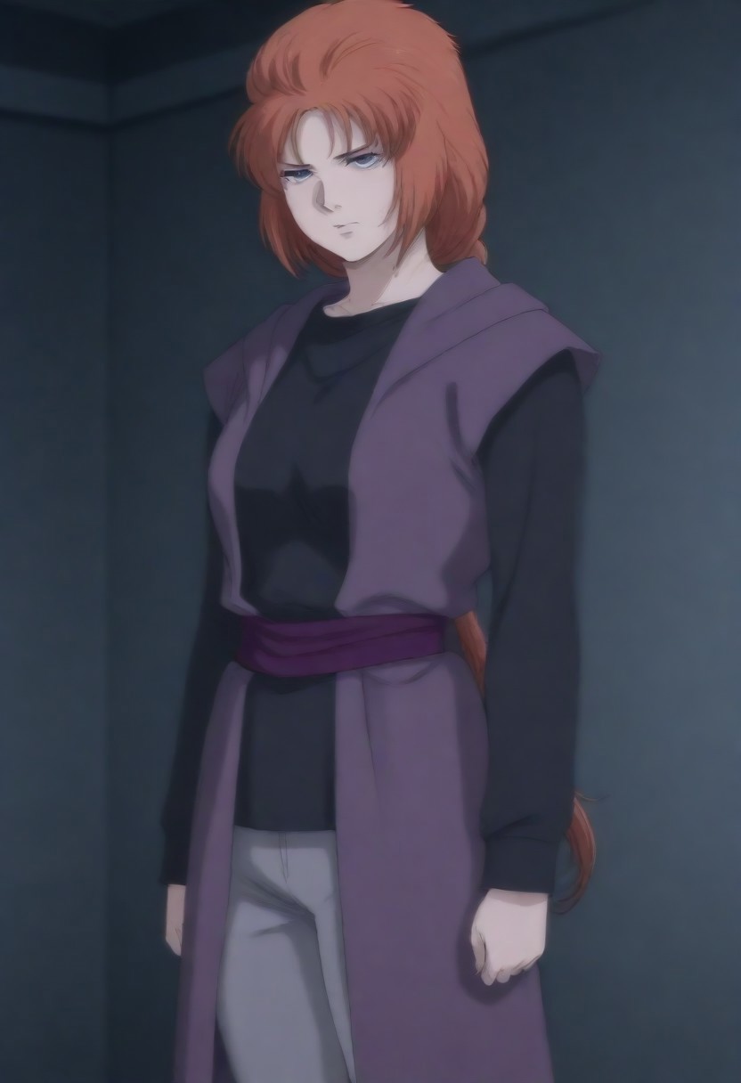 masterpiece, best quality, amazing quality,,, shiny skin,,,,,, <lora:GDUC_marida_cruzXLIllustrious001>,marida_cruz\(gundam_unicorn\),1girl,brown hair,low ponytail,purple eyes, purple robe,black shirt,long_sleeves,purple sash, pants,