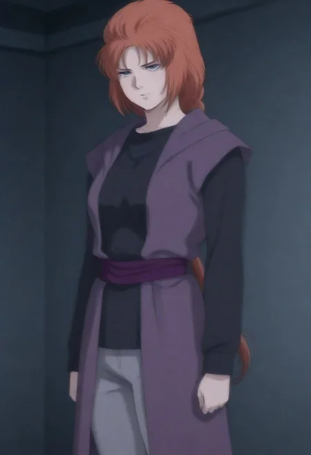 masterpiece, best quality, amazing quality,,, shiny skin,,,,,, <lora:GDUC_marida_cruzXLIllustrious001>,marida_cruz\(gundam_unicorn\),1girl,brown hair,low ponytail,purple eyes, purple robe,black shirt,long_sleeves,purple sash, pants,