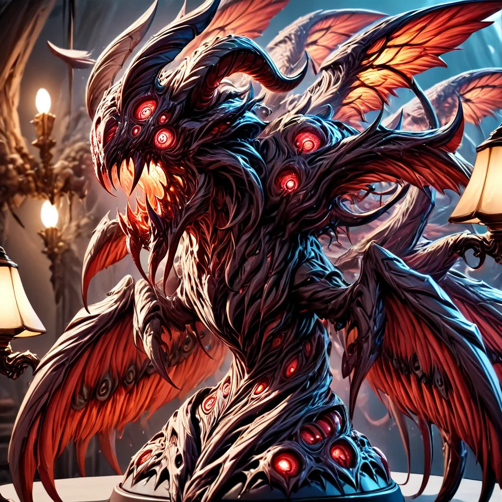monsterworld, masterpiece,high resolution,detail,
 no humans, lamp, extra eyes, glowing, wings, red eyes,teeth, horns, 
 <lora:monster_world-xl-10:0.8>