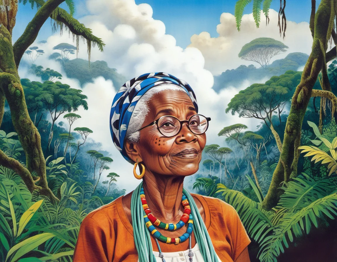 a Mozambican elder woman nerd portrait in Cloud Forest, detailed, particles, sub surface scattering, sharp focus <lora:OldillXL_0.4_RC:0.7>