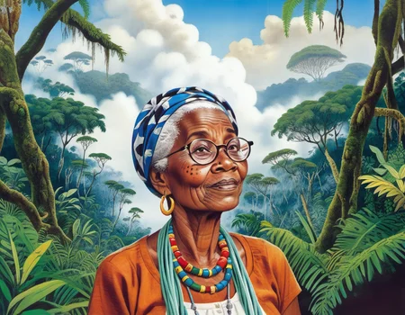 a Mozambican elder woman nerd portrait in Cloud Forest, detailed, particles, sub surface scattering, sharp focus <lora:OldillXL_0.4_RC:0.7>