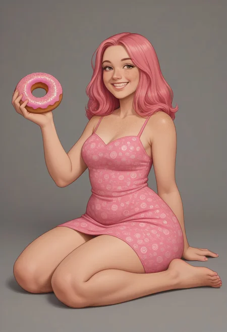 a2dstyle, bold outlines, flat colors, defined shading, illustration, 1girl, pink hair, freckles, PAWG, Thicc, character design, sitting on a donut, pink maxi dress, smile