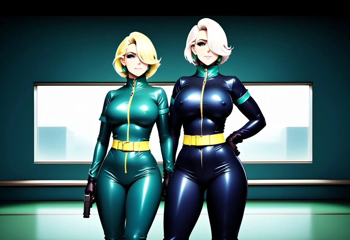 masterpiece, best quality, high resolution, 2 girls, hide and seek scene,Dr.Blight vs Faust, <lora:boxman-guy90-Illust-Lycorisv1:1> namxob
BREAK
docblight, doctorblight, doctblight, vibrant blonde hair, blonde hair with a small white streak, short voluminous hairstyle, hair over one eye, pink lips, green eyes, vibrant green pupils, black eyebrows, looking slightly frightened, nervous sweating, turquoise earrings, skin-tight pink jumpsuit, shiny pink latex suit, short sleeves, turquoise collar, long vibrant yellow zipper, yellow zipper goes down to crotch, yellow belt, turquoise seams, turquoise seams on boots, black gloves, long black gloves, shiny black gloves, black boots, high black boots, flat sole boots, curvy body, voluptuous figure, big breasts, wide hips, big butt, symmetrical outfit, retro-futuristic style, back to the wall, Bay window showing Faust outside checking her firearm
faust thoracalgia, 1girl, blue eyes, kuudere expression, black bodysuit, short hair, white hair, covered nipples, holding a pistol, handheld firearm, standing (above view)down below the Bay window, looking at the gun, checking her firearm
BREAK
Hotel,docblight inside hotel room, background Bay window showing outside, simple , Faust outside the window, faust thoracalgia waiting outside, on the sidewalk, dotorblight frightened she's actually being hunted