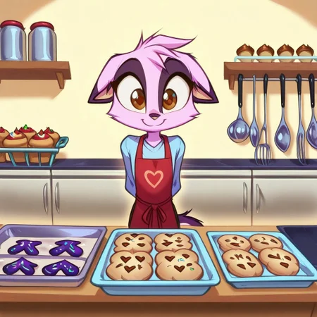 Dreamkeepers,1girl,Prelude_Vi,solo,furry,tail,source_furry,hazel eyes,
child, kid,
cookies, icing, piping_bag, sprinkles, tray, apron, kitchen, rolling_pin, cooling_rack, jam, heart_shape, flour
Scene: A bustling kitchen with a cooling rack of heart-shaped sugar cookies, someone piping swirls of pastel icing with a steady hand. Sprinkles rain down from a shaker, a dab of jam adds a fruity center, and flour dusts the rolling pin on the counter. An apron is tied with a bow, trays line up with finished treats, and the air smells sweet, making the whole moment feel delightfully cute and tasty
