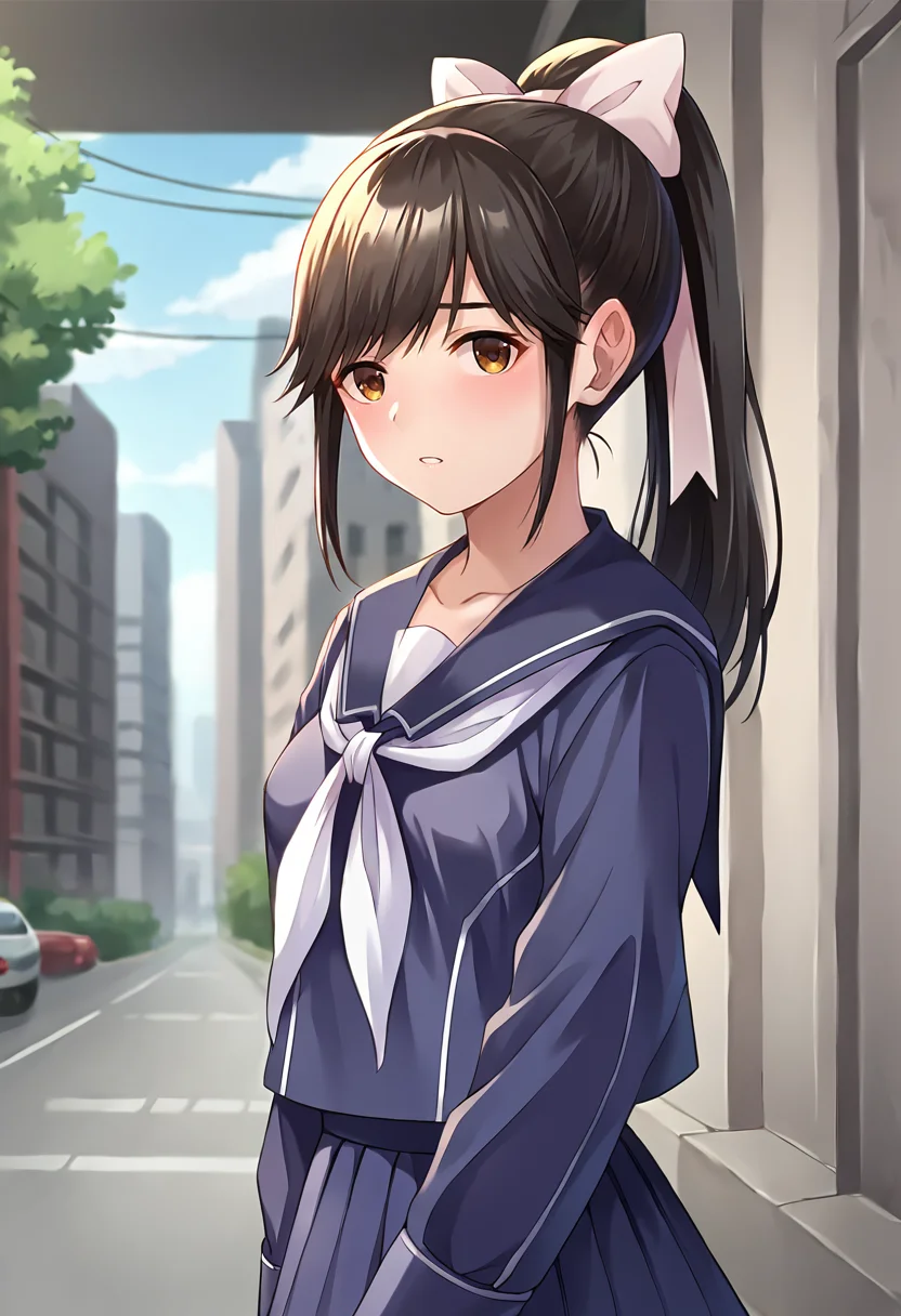 score_9, score_8_up, score_7_up, masterpiece, source_anime 1girl, ct_m4na, long hair, ponytail, hair bow, blue serafuku, blue sailor collar, white neckerchief, long sleeves, blue skirt, outdoors, depth of field, city, cowboy shot, shiny skin, upper body, <lora:Manaka Takane_Pony_ct_ver2:1>