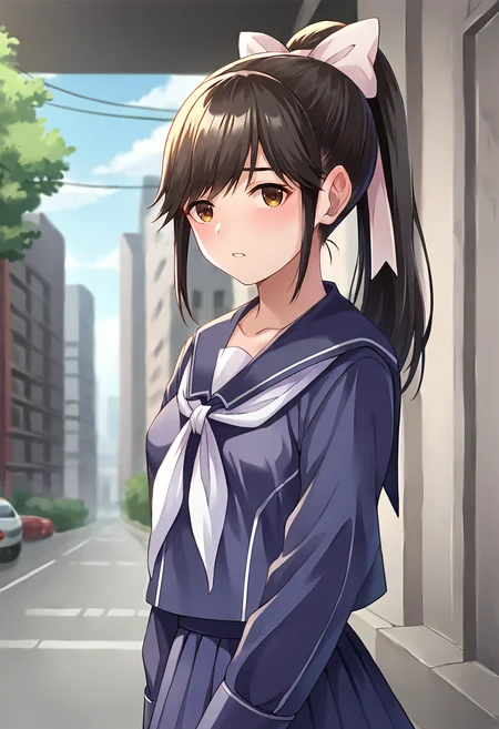 score_9, score_8_up, score_7_up, masterpiece, source_anime 1girl, ct_m4na, long hair, ponytail, hair bow, blue serafuku, blue sailor collar, white neckerchief, long sleeves, blue skirt, outdoors, depth of field, city, cowboy shot, shiny skin, upper body,  <lora:Manaka Takane_Pony_ct_ver2:1>