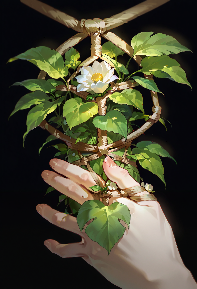 flower shibari, (flower), bound, bondage, rope, plant, leaf,  hands, arms, close-up, fingernails,black background,no humans,