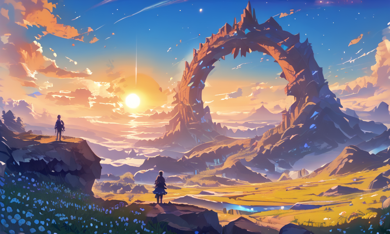 flowers, sheer rock walls, shadow, sun, mountain, star (sky), sunset, rock arch, day, facing away, a person standing near the base of a mountain, black hair, lens flare  <lora:Space_Operetta_Neo_-_Pony_Edition-000007:1>