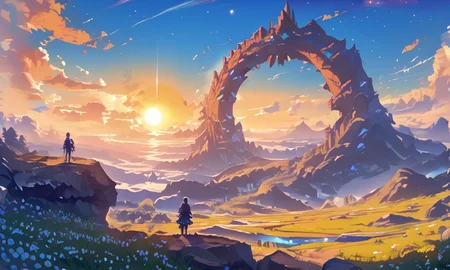 flowers, sheer rock walls, shadow, sun, mountain, star (sky), sunset, rock arch, day, facing away, a person standing near the base of a mountain, black hair, lens flare <lora:Space_Operetta_Neo_-_Pony_Edition-000007:1>