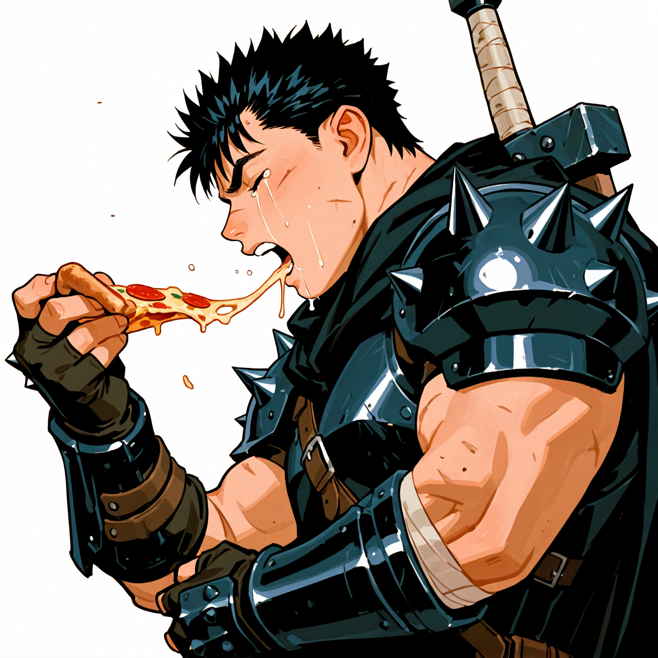 <lora:GUTS:1>
guts, solo, open mouth, short hair, simple background, black hair, white background, 1boy, gloves, holding, upper body, closed eyes, male focus, weapon, food, sword, fingerless gloves, tears, cape, armor, scar, eating, holding food, crying, spiked hair, shoulder armor, scar on face, cloak, spikes, tray, pauldrons, black cape, vambraces, shoulder pads, dirty, weapon on back, streaming tears, black cloak, pizza, shoulder spikes, sword on back, holding pizza, pizza slice, pizza box
, motion blur, film grain, abstract, natural lighting, fantasy, cinematic, dynamic view, very awa, masterpiece, best quality, absurdres, newest, perfect quality, detailed background, intricate details, (artist:fl \(l-fl\):0.7), (artist:tooboshoo:0.7), (artist:dizdoodz:0.8)
