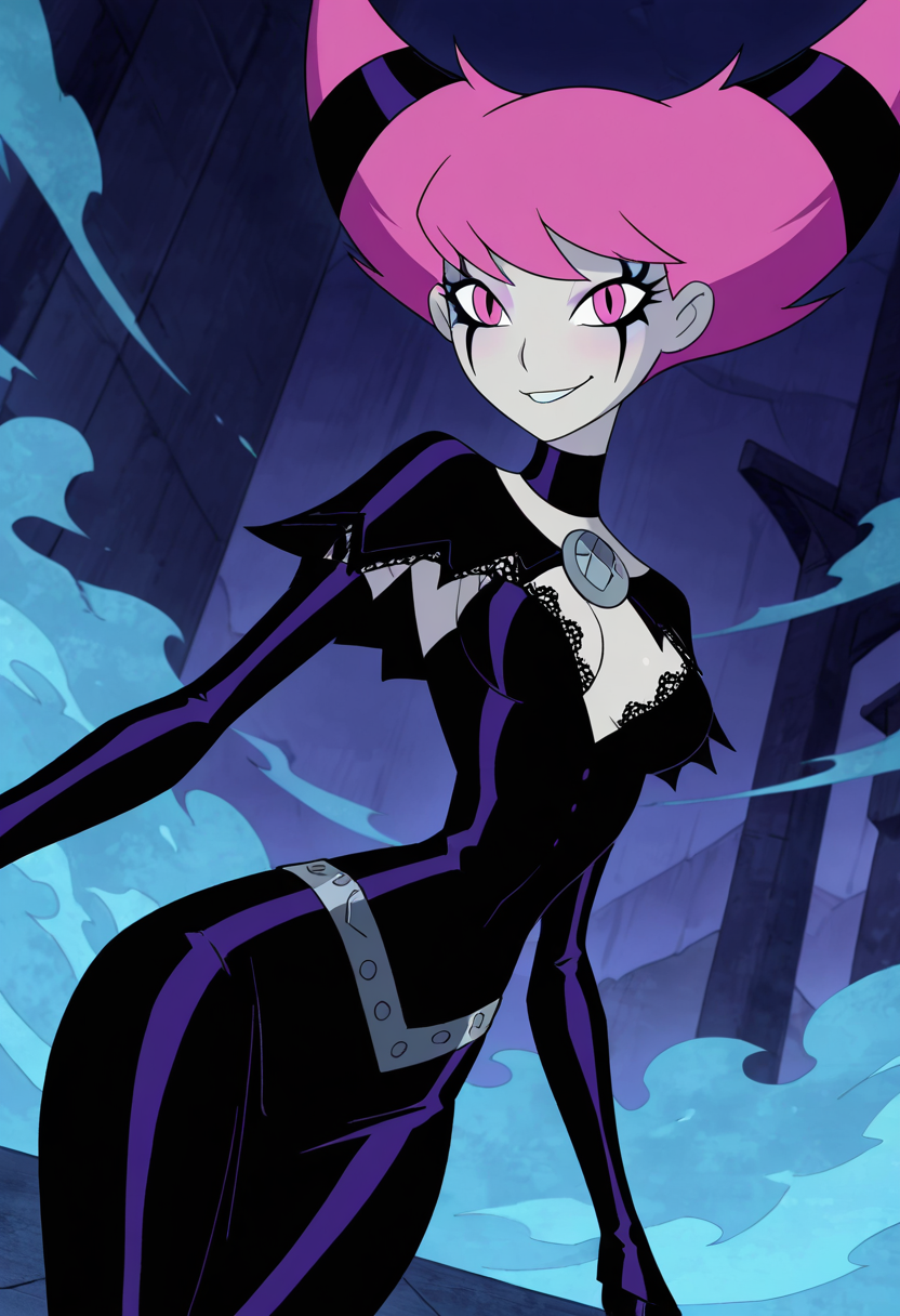 masterpiece, best quality, solo, curvy, beautiful eyes,  narrow waist, wide hips,  jnx, pink eyes, pink hair, grey skin, hair up, pale skin, medium hair, hair horns, short hair, colored skin, smile, looking at viewer,   ,       <lora:JinxTT_IXL:0.8>,   dynamic angle, foreshortening, close up, [Dark Fantasy Runway], Black lace gown, silver jewelry, dramatic makeup, Striding down a foggy, dimly lit runway with smoke effects and eerie spotlight focus.