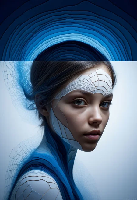 mysterious face, an exotic girl in artsy clothing, fading backlit background, (deep sea fading white to deep blue layered papercut background), alluring goddess, by Minjae Lee, Carne Griffiths, Emily Kell, Steve McCurry, Geoffroy Thoorens, Aaron Horkey, Jordan Grimmer, Greg Rutkowski, amazing depth, double exposure, surreal, geometric patterns, intricately detailed, bokeh, perfect balanced, deep fine borders, artistic photorealism , smooth, great masterwork by Suiras <lora:add-detail-xl:2> <lora:Double_Exposure:0.5>
