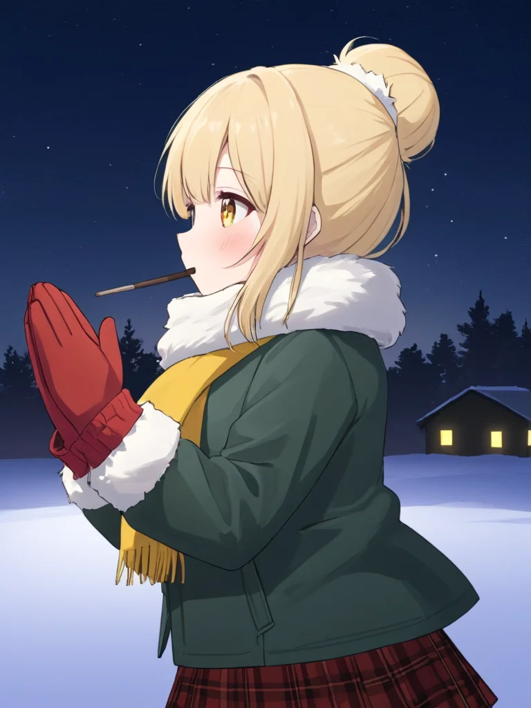<lora:npc_xl_pocky:1>hold the Pocky,1girl, solo, skirt, pantyhose, scarf, black pantyhose, pleated skirt, green jacket, single hair bun, fur trim, long sleeves, night, fox tail, jacket, blonde hair, looking at viewer, plaid, blush, profile, mittens, fringe trim, purple skirt, brown scarf, red skirt, border, fur-trimmed sleeves, parted lips, yellow scarf, white border, outside border, :o, fox girl, plaid scarf, red mittens, hands up, standing, outdoors, from side, looking to the side, blurry, plaid skirt, night sky, breath, depth of field, cowboy shot