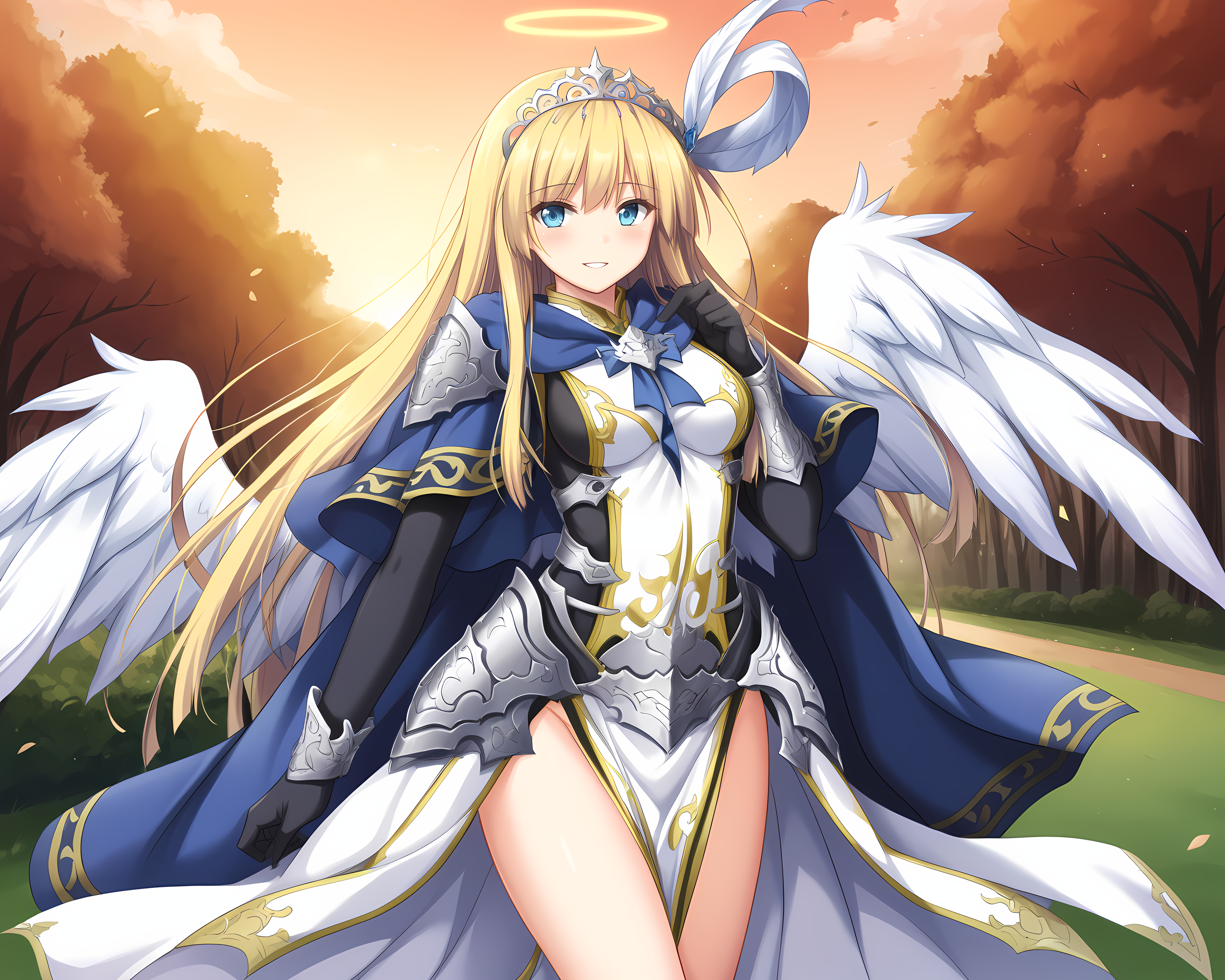 agnes,eushully,armor,tiara, gloves, cowboy shot,1girl,hetero,blonde hair,blue eyes,very long hair,bare legs,aroused,medium breasts,blush,park,parted lips,sunset,angel wings,feathered wings,angel,halo,<lora:Eushully_Agnes:1>,smile,, score_9, score_8_up, score_7_up,source_anime,(masterpiece),(best quality),(ultra-detailed),(best illustration),(best shadow),(absurdres),(detailed background),(very aesthetic),source_anime